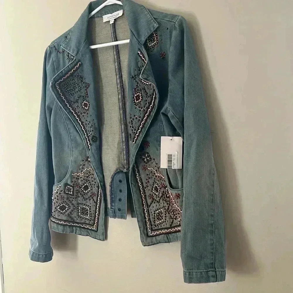 [US6] Emanuel Ungaro~Denim Jacket W/Beaded  Geometric Designs